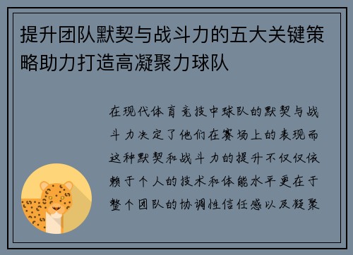 提升团队默契与战斗力的五大关键策略助力打造高凝聚力球队