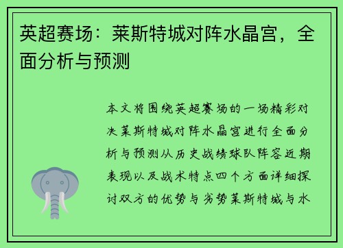 英超赛场:莱斯特城对阵水晶宫,全面分析与预测